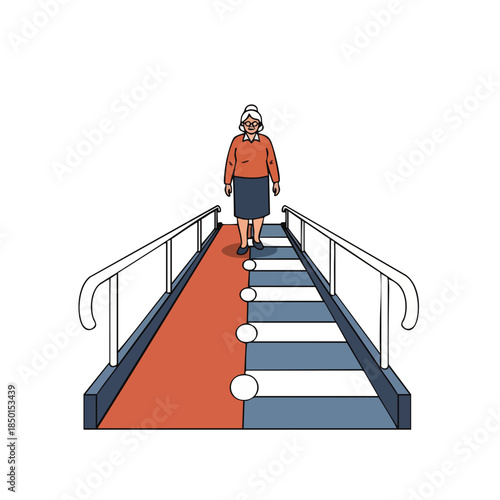 Elderly woman walks up a ramp with a red and blue striped surface, representing a journey or progress.