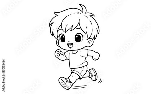 Cute cartoon boy running with a happy expression, black and white line art