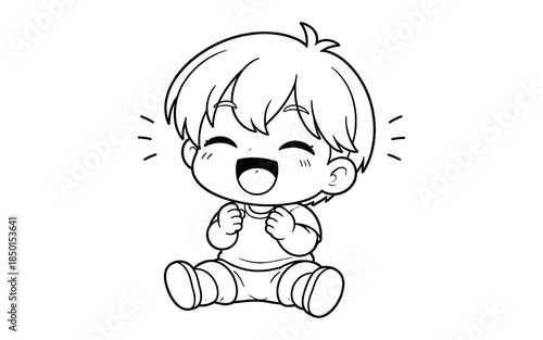 Joyful anime child with closed eyes and open mouth, sitting and cheering