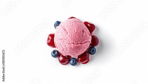 Pink ice cream ball from a top perspective, ideal for food presentation layouts, dessert photography