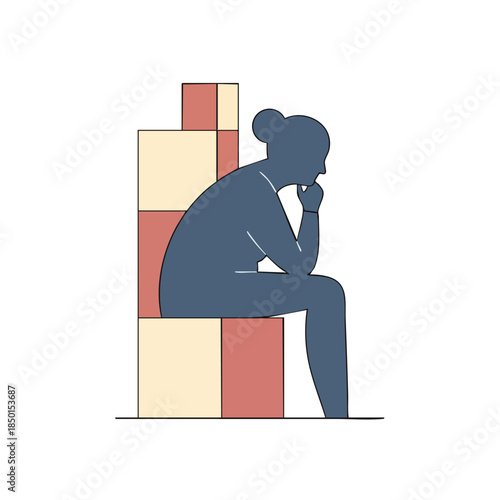 A pensive individual sits atop a stack of blocks, deeply engrossed in thought and contemplation, symbolizing problem-solving or mental processing.