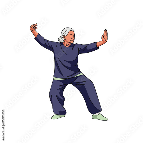 An elderly Asian woman with grey hair practices the ancient art of Tai Chi, demonstrating graceful movements and promoting wellness.