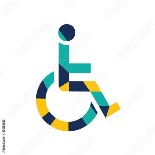 A modern, vibrant graphic icon depicting a person in a wheelchair, symbolizing universal accessibility, inclusivity, and support for individuals with disabilities.