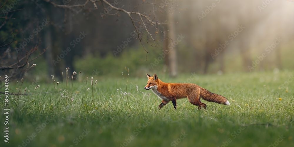 Obraz premium Red fox in natural habitat, alert and hunting in a lush European forest meadow, wildlife scene