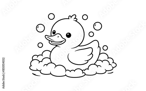 Cute cartoon rubber ducky floating in bubbles and water, simple line art illustration