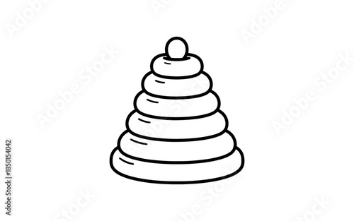 Simple black and white line drawing of a stacking ring toy for babies and toddlers