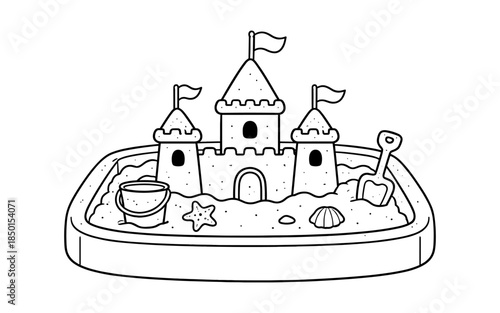 Cute cartoon sandcastle with bucket and shovel on a sunny day