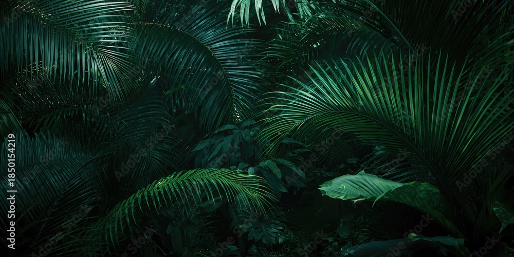 Fototapeta premium Lush tropical jungle leaves creating a dense natural backdrop for editorial and graphic use