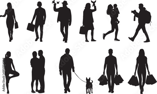 Silhouettes of diverse people walking, shopping, and carrying bags, showcasing everyday activities and urban lifestyles