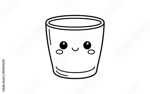 Cute kawaii glass with a happy face and blushing cheeks, simple line art drawing