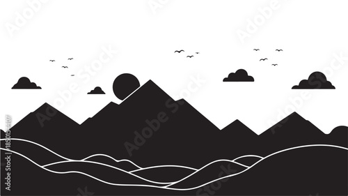 Black Mountain Landscape with Sun and Birds Silhouette