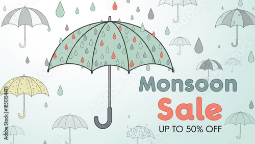 Monsoon Sale Banner with Umbrellas and Raindrops, Vector Illustration