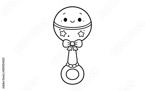 Cute cartoon baby rattle with a happy face and stars, black and white line art