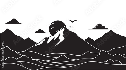 Black Mountain Landscape with Sun and Birds Silhouette