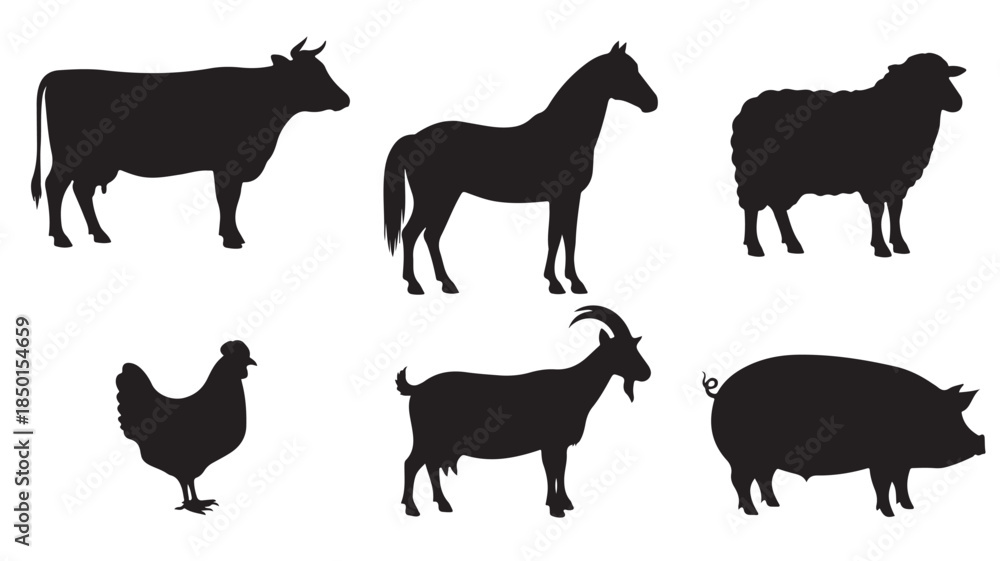 Fototapeta premium Farm Animal Silhouettes on White Background