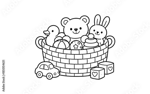 Cute cartoon basket filled with various baby toys and building blocks