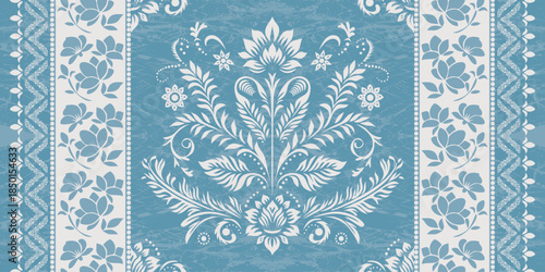 African boho paisley floral embroidery Ikat border pattern with ethnic Indian and Aztec influences. Seamless ethnic Ikat floral motifs featuring ornamental embroidery details, inspired by traditional 