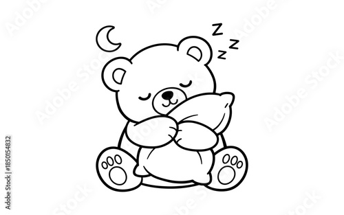 Cute teddy bear sleeping peacefully on a pillow with a crescent moon above