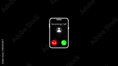 Abstract showing incoming call icon with man icon looped animation on smartphone screen on black background. Incoming call for communication themes, Call received and end icon, 