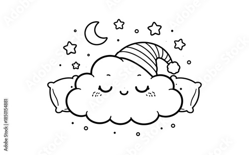 Cute sleeping cloud with a nightcap on a pillow under the moon and stars