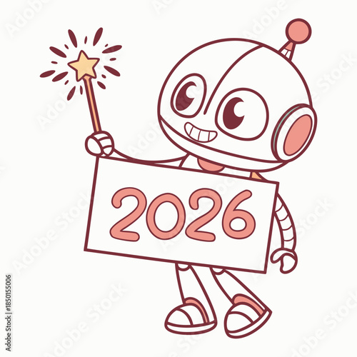 Mascot robot character with sparkler celebrating year 2026.