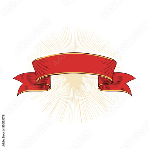 Red Ribbon Banner with Burst Effect - Classic Decorative Scroll with Golden Border for Messages and Emblems