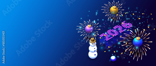 Isometric Happy New Year 2026. Technology and business holidays vector card with fireworks and snowman background. Isometric banner. Ball and fireworks in futuristic digital style. New Year for 2026
