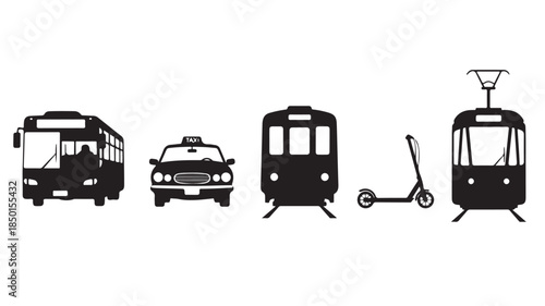 Black Silhouettes of Bus, Car, Tram and and Scooter on White Background