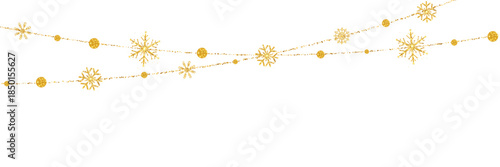 Happy Holiday background. Merry Christmas elements. Xmas ornaments. New Year banner. Light string. Golden glitter snow flakes garland. Winter bg. Vector illustration