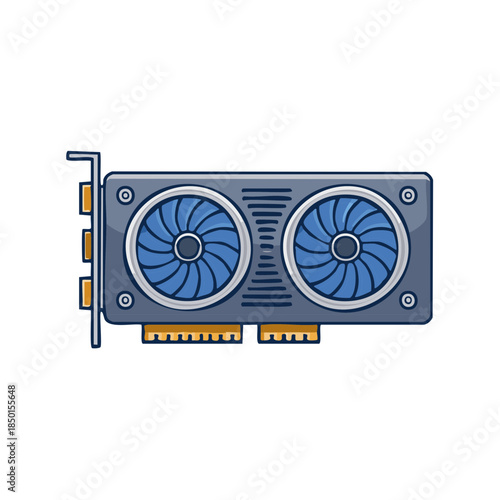 Illustrated GPU.  Graphic card with cooler fans and  gold-plated connectors. PC Gaming hardware icon.