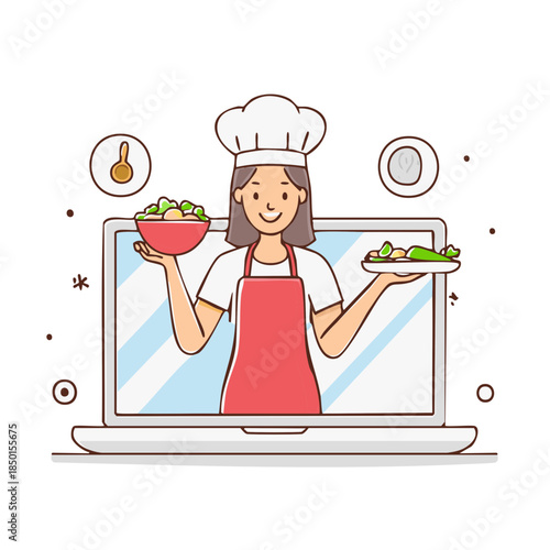 Online Cooking Class with Smiling Woman Chef on Laptop Holding Dishes of Prepared Food in Her Hands