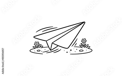 Simple black and white line art drawing of a paper airplane flying low over grass and flowers