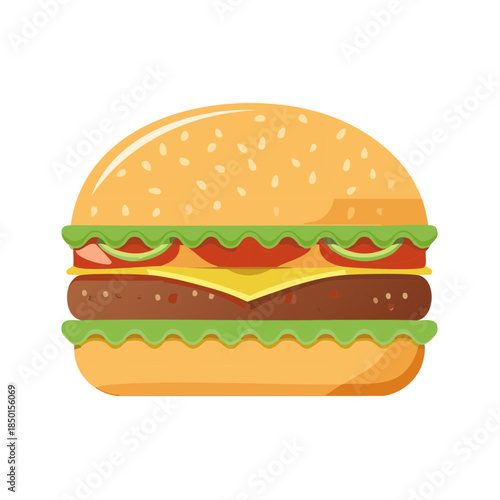 Illustrative burger featuring sesame bun, meat patty, cheese, tomatoes and lettuce, a quick, simple, delicious meal, simple illustration.