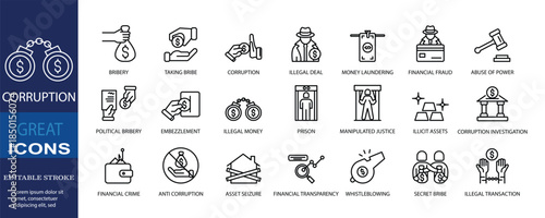 Set of icons for corruption. Editable stroke. Vector illustration