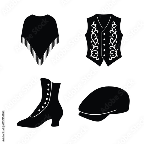 Retro Fashion Accessories Silhouette Icons Set poncho fringe
