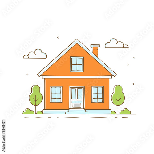 Isolated Single Family Home Exterior Illustration with Simple Flat Design