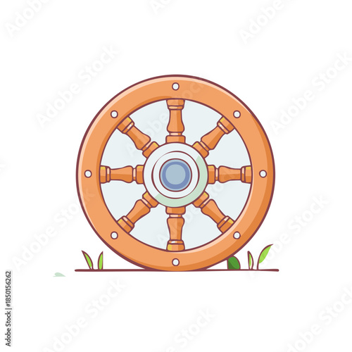 Cartoon wooden steering wheel with spokes and hub on green grass. Isolated vector drawing.