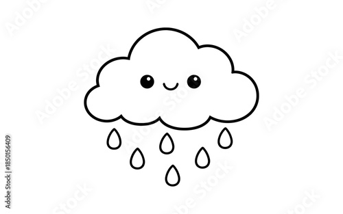 Cute cartoon cloud with raindrops and a happy face, simple line art illustration