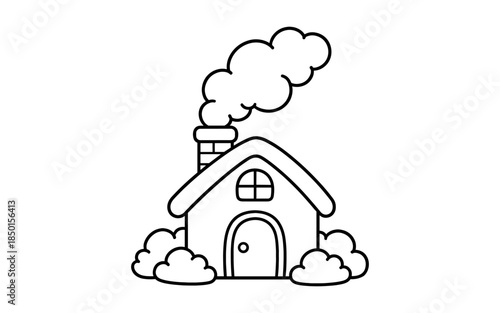 Simple line drawing of a cozy house with smoke coming from the chimney