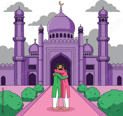 Vector Illustration of Two Muslim Men Embracing Outside a Large Purple Mosque for Eid Al-Fitr Religious Holiday Celebration