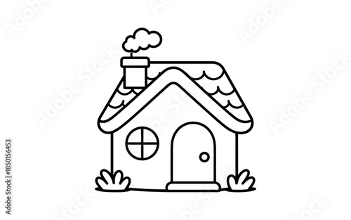 Simple cartoon house with smoke coming from chimney and a round window