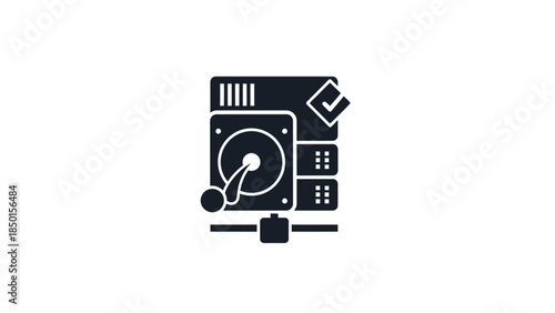 Computer hard drive icon with network connection and checkmark symbol.