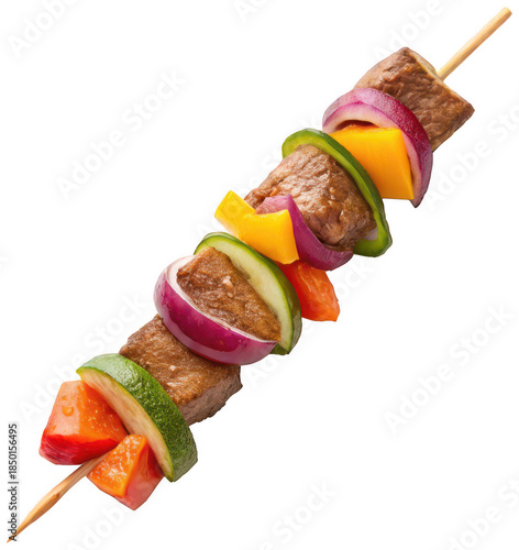 A meticulously arranged and appetizing grilled kebab skewer featuring tender chunks of seasoned beef interspersed with vibrant slices of red onion, sweet bell, isolated on transparent background.
