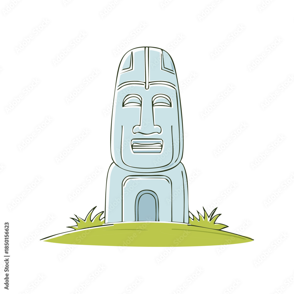 Fototapeta premium Ancient stone statue standing guard over green hills, weathered monument landmark.