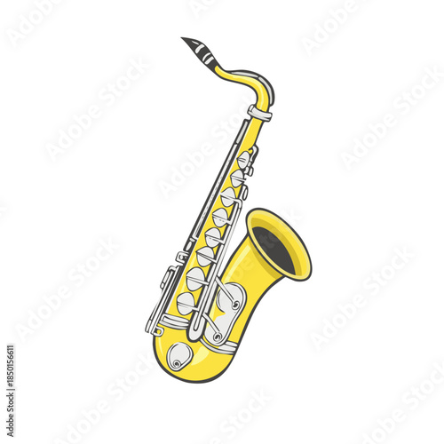 Illustration of a yellow saxophone musical instrument with keys in a simple vector style on a white background