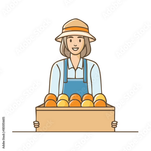 Female farmer carrying a wooden crate full of fresh oranges after the harvest