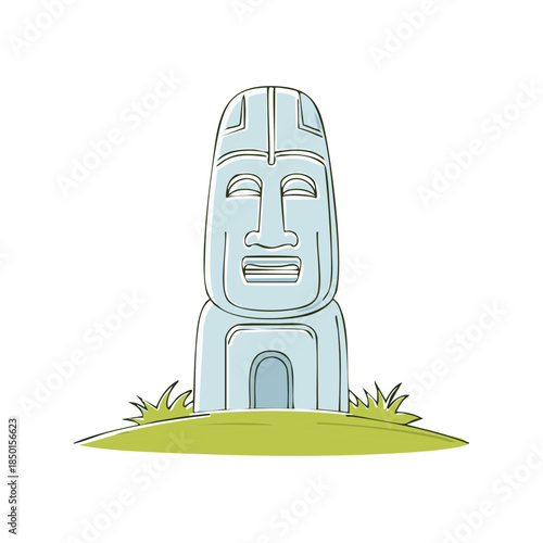 Ancient stone statue standing guard over green hills, weathered monument landmark.