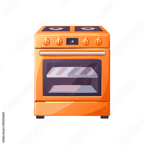 Isolated Orange Kitchen Stove with Hotplate, Oven, and Digital Display for Baking and Cooking