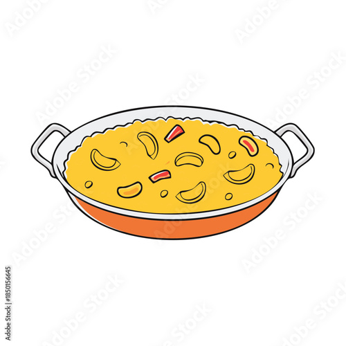 Vibrant Illustration of Paella in a Traditional Pan, Emphasizing Fresh Ingredients