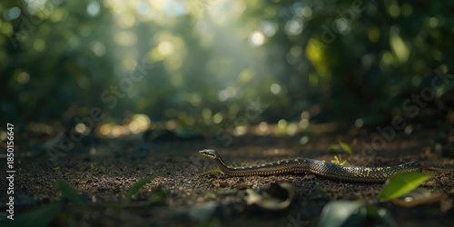 Mica snake among trees and foliage, highlighting wildlife adaptation and concealment